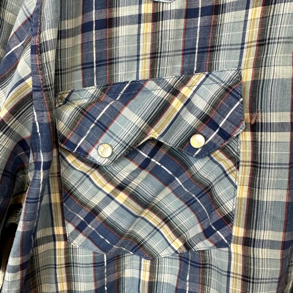 Vintage Rustler Wrangler Shirt Men Blue White Pearl Snap Short Sleeve Plaid XL - Picture 3 of 5